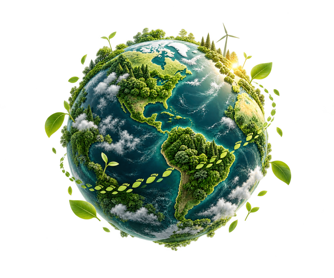 A green Earth with a trail of leaf-shaped footprints